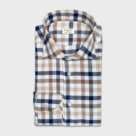 Brown Cotton Flannel Club Check Shirt Borriello Napoli. Classic plaid shirt handmade with a finest and soft Italian flannel cotton, soft finish and silky touch, available in Wools Boutique Uomo Geneva