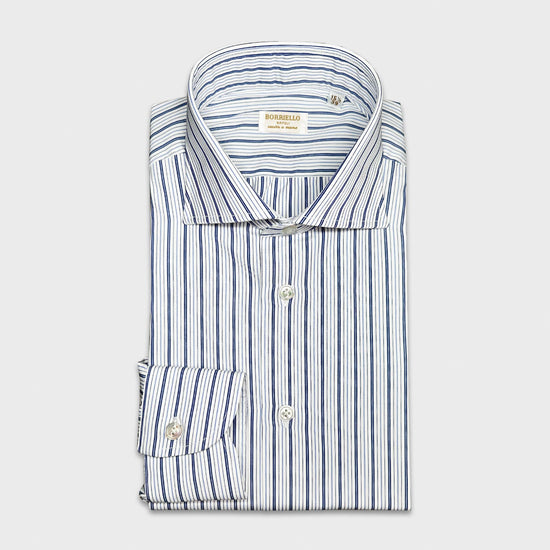 Navy Blue Multi Striped Shirt Popeline Thomas Mason Cotton. Classic navy blue striped shirt, handmade by Borriello Napoli exclusive for Wools Boutique Uomo Geneva, refined yarn-dyed popeline Thomas Mason cotton