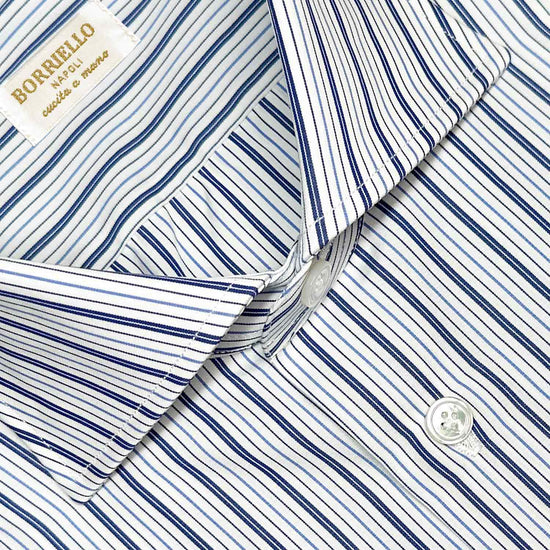 Classic navy blue striped shirt, handmade by Borriello Napoli exclusive for Wools Boutique Uomo Genève, refined yarn-dyed popeline Thomas Mason cotton