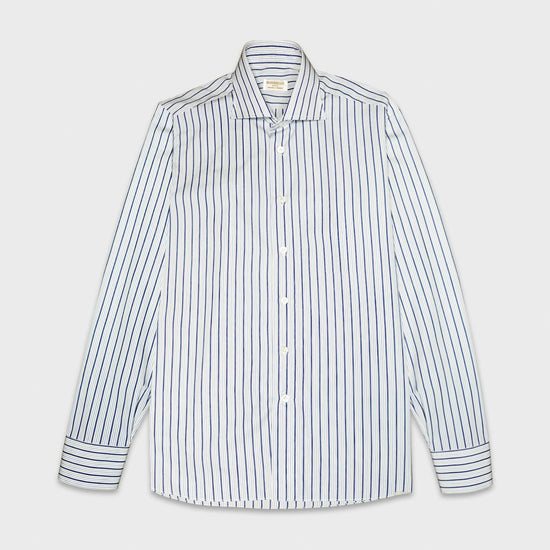 Classic navy blue striped shirt, handmade by Borriello Napoli exclusive for Wools Boutique Uomo Geneva, refined yarn-dyed popeline Thomas Mason cotton