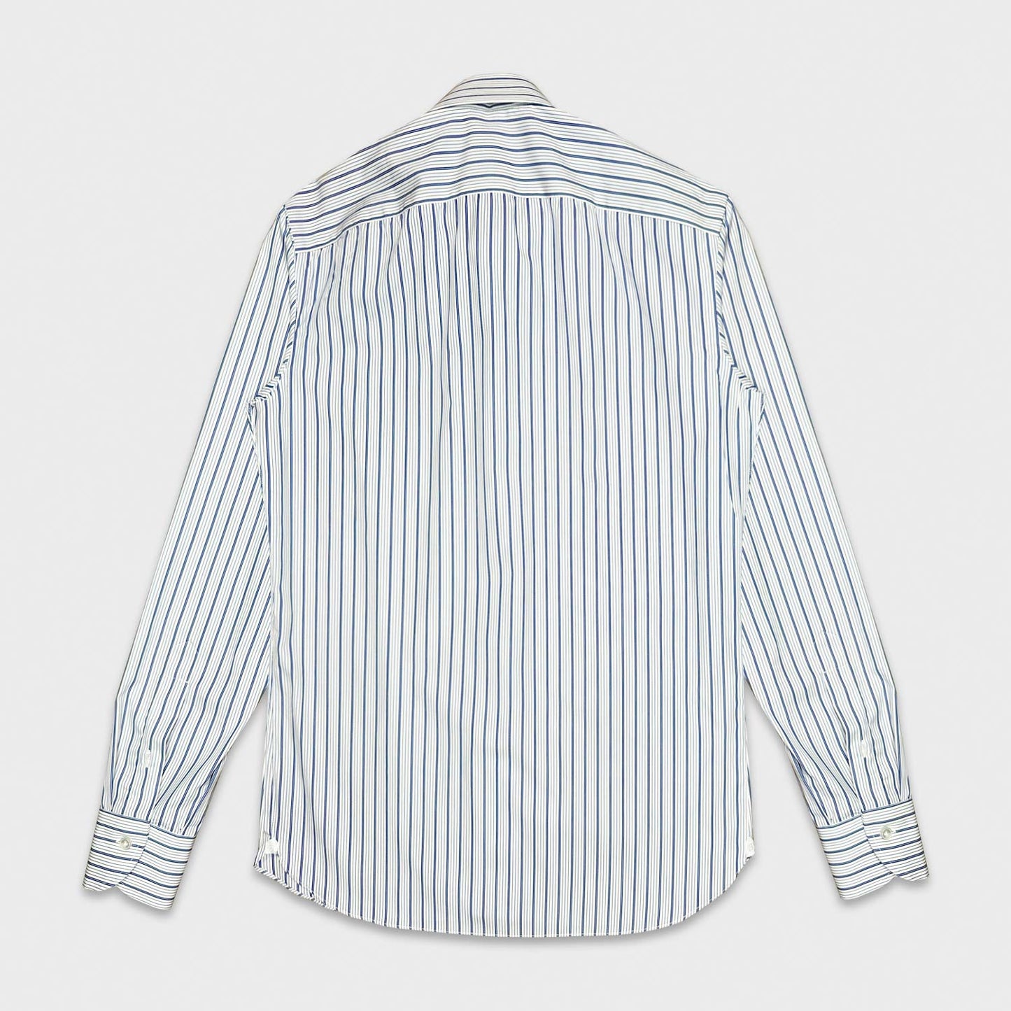 Classic navy blue striped shirt, handmade by Borriello Napoli exclusive for Wools Boutique Uomo Geneva, refined yarn-dyed popeline Thomas Mason cotton