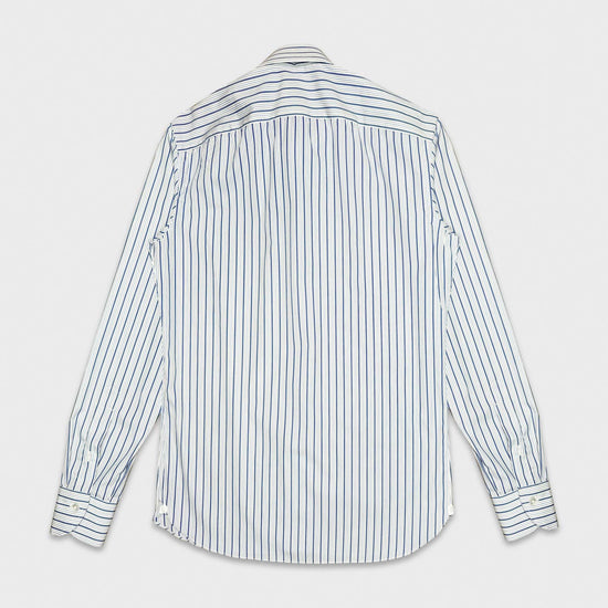 Classic navy blue striped shirt, handmade by Borriello Napoli exclusive for Wools Boutique Uomo Geneva, refined yarn-dyed popeline Thomas Mason cotton