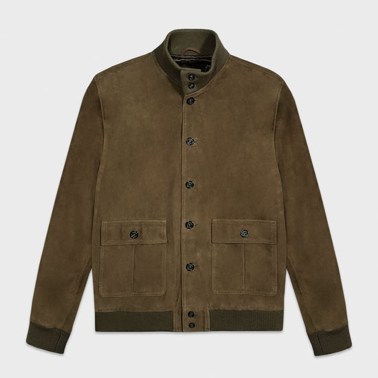 Veste Valstarino vert boue en cuir suédé souple. Veste Valstarino fabriquée en Italie par Valstar, couleur vert boue, veste en daim de chèvre doux couleur mousse, revendeur Wools Boutique Uomo à Genève Suisse